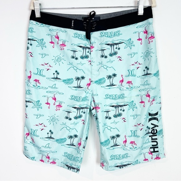 HURLEY GREEN FLAMINGO PRINT SWIM BOARD SURF SHORTS MENS SZ 30 - Picture 4 of 4